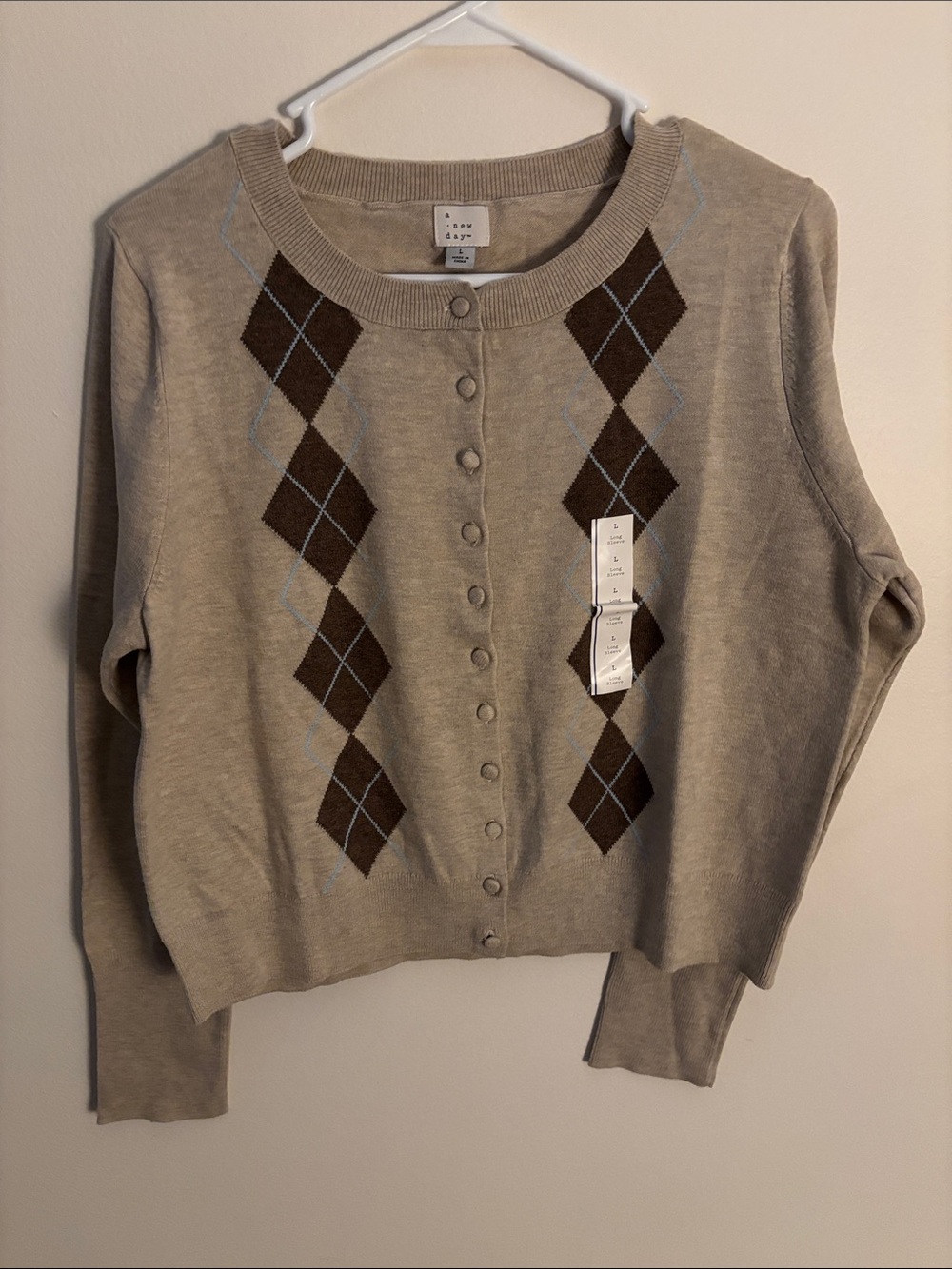 a new day Taupe Argyle Button-Front Crewneck Cardigan